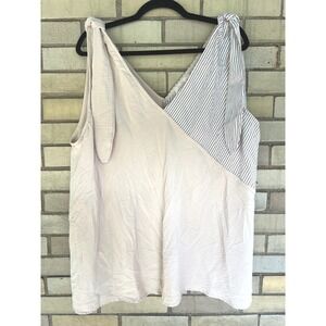 Sugarfox Tan Striped Tie Shoulder V-Neck Mixed Media Tank Top Size 3X